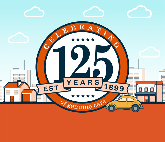 NYCM Insurance 125th Anniversary Logo: 'Celebrating 125 years of genuine care. Established 1899'.