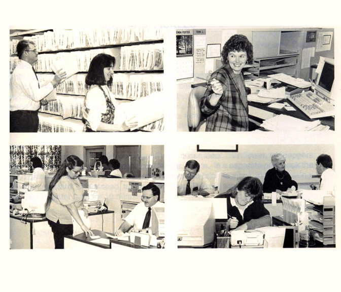 Four black and white photos from the 1980's of office workers at NYCM Insurance, filing, writing, using an early personal computer.